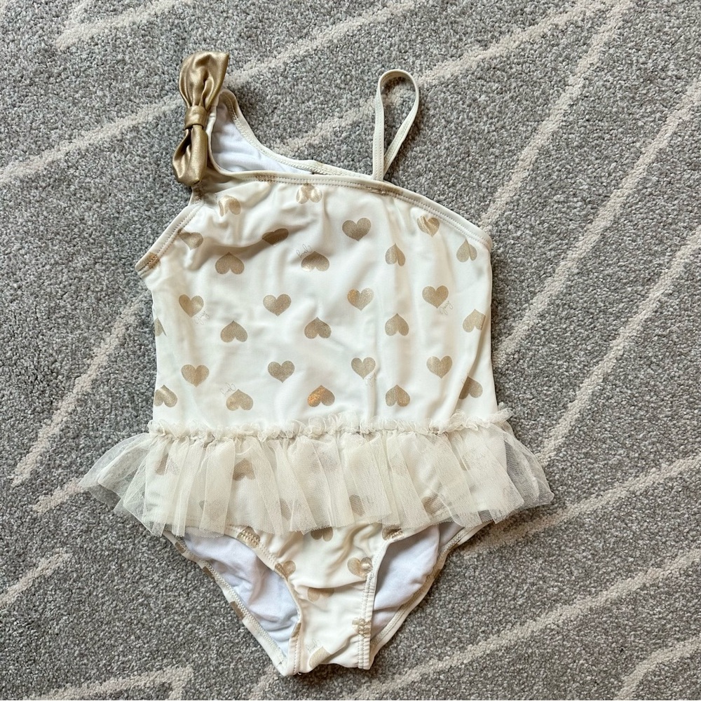 Juicy Couture Ivory and Gold Heart Print Ruffled One Piece Swimsuit Size 6X